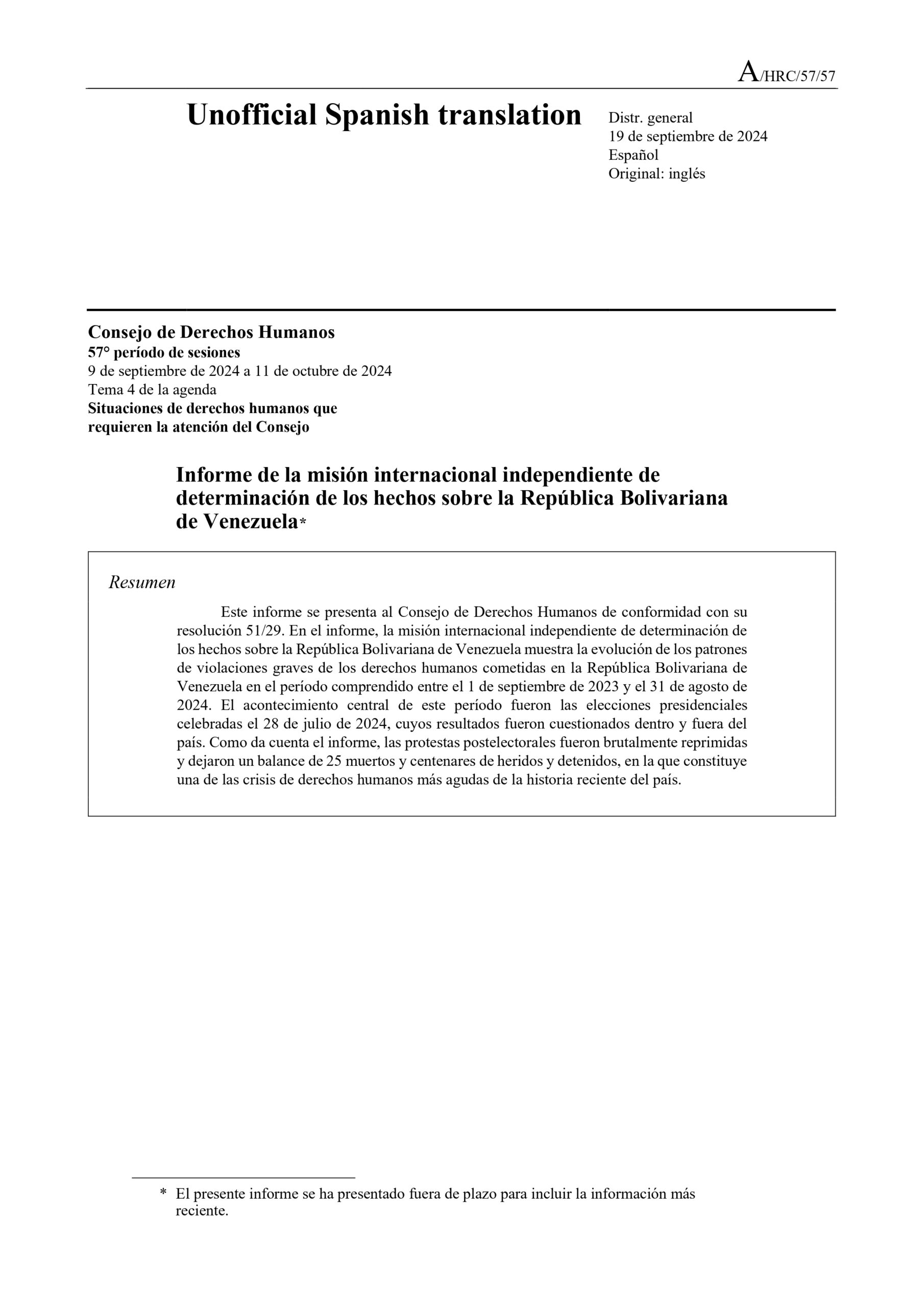 primera pagina del informe de la misión internacional independiente de determinación de los hechos sobre la República Bolivariana de Venezuela