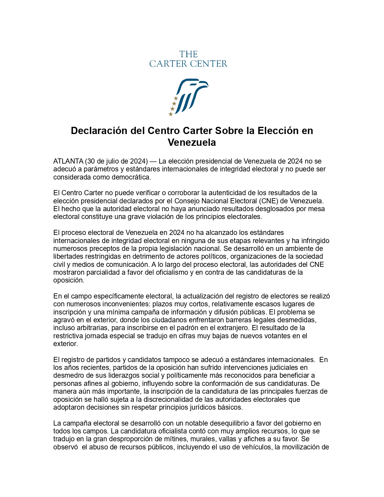 Imagen de la portada de la Declaración del Centro Carter Sobre la Elección en Venezuela