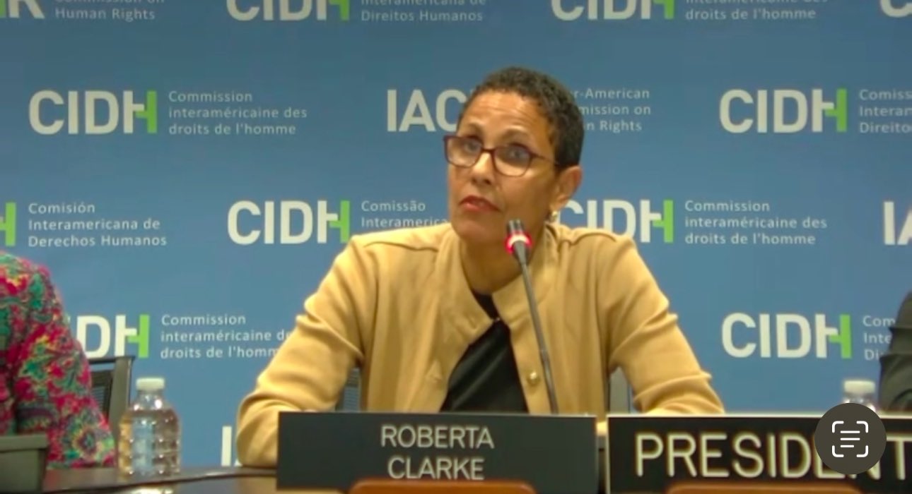 Presidenta de la CIDH, Roberta Clarke, en su discurso durante a la audiencia pública sobre la situación de derechos humanos en Venezuela